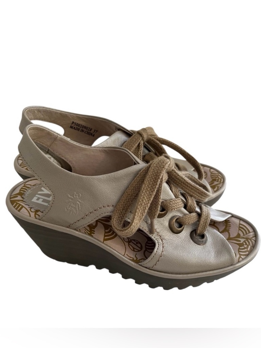 Fly London Metallic Lace Up Yiva Wedge Sandal 37(6.5-7)